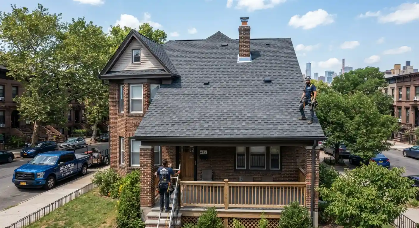 Workers installing materials on a residential roof.