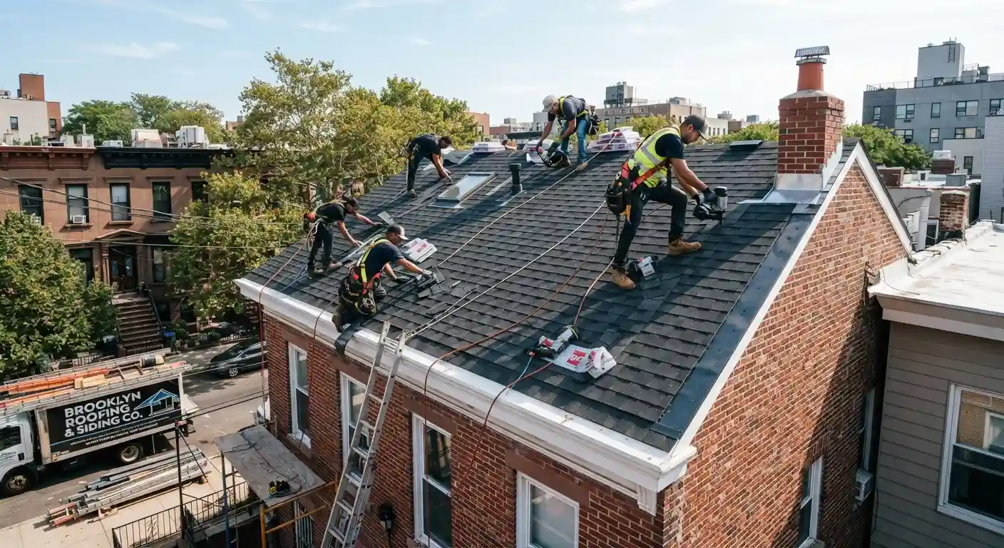 A technician performing professional roofing work during the day.