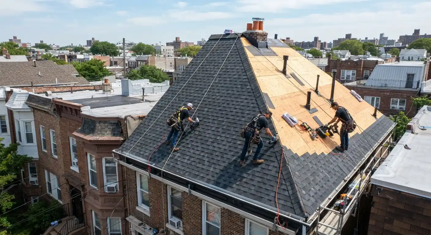 Workers installing modern shingles during a residential Roof Replacement project. Workers installing modern shingles during a residential Roof Replacement project.