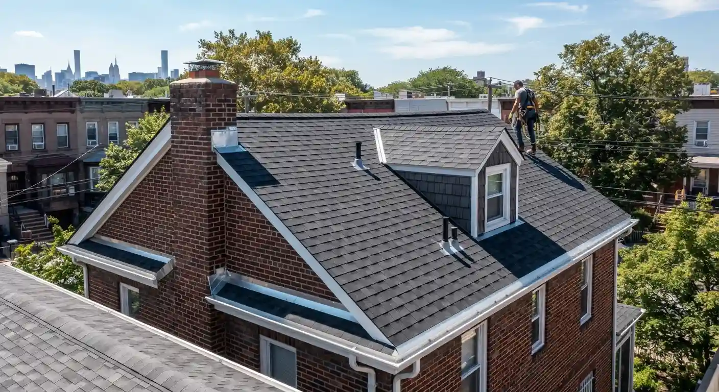 Happy homeowner standing outside a house with a completed roof replacement.