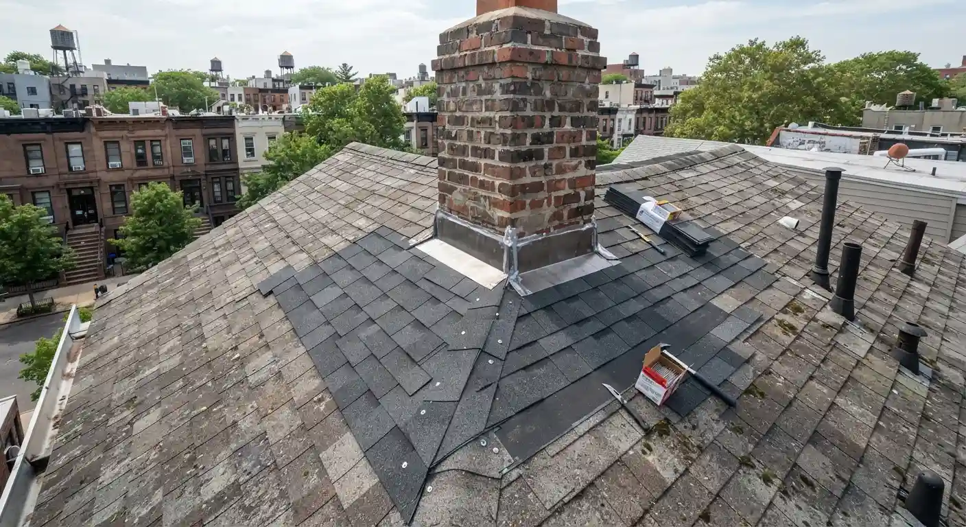 Close-up view of asphalt shingles during a detailed repair project.