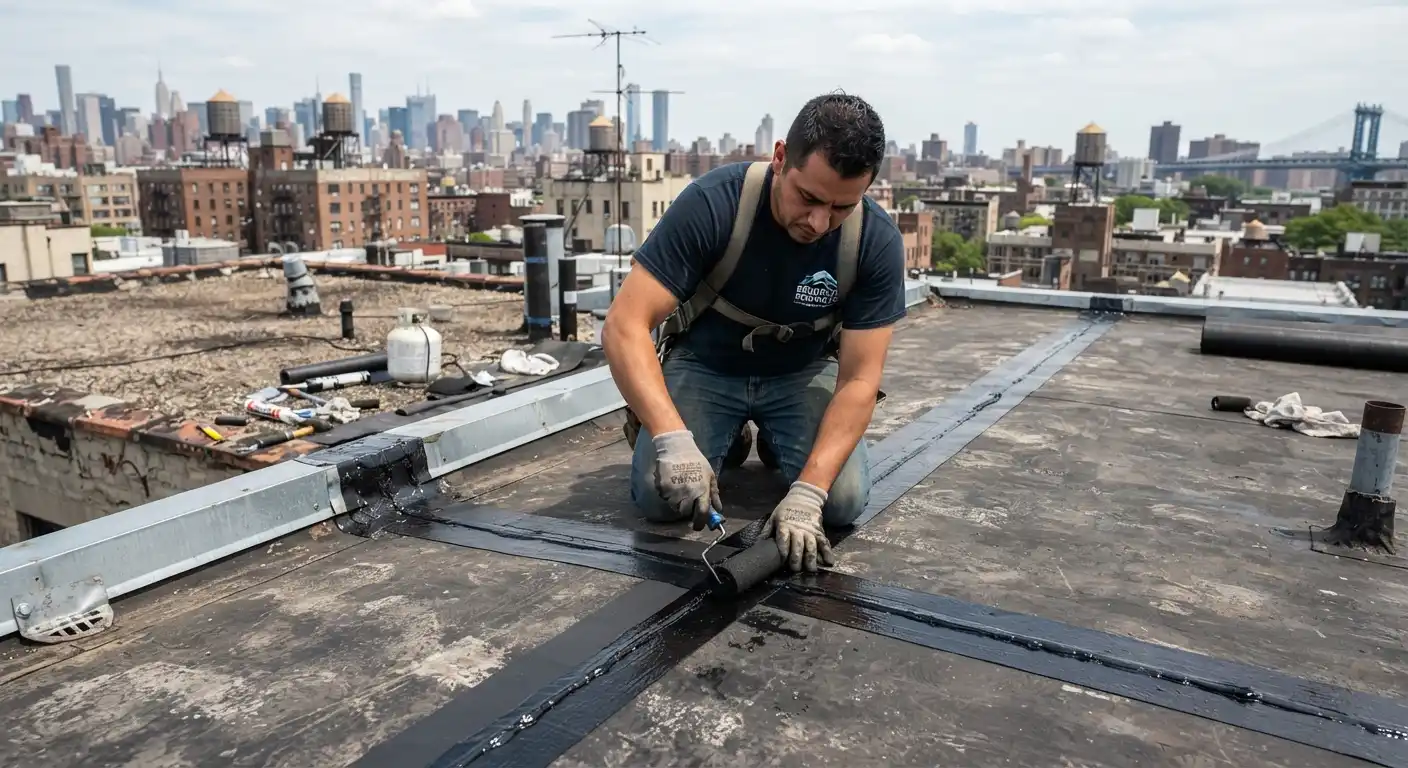 Close-up view of a sealed seam during a rubber roof repair project.
