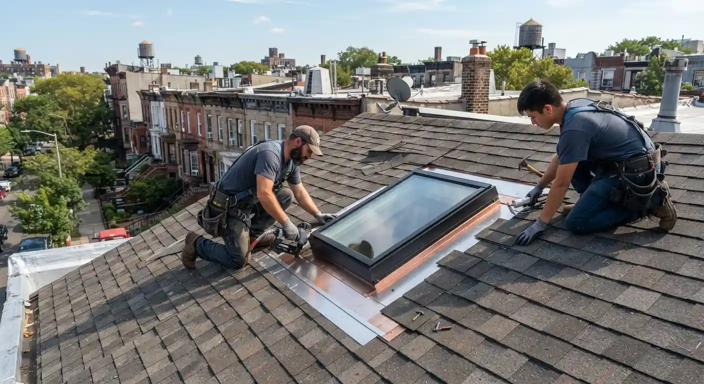 Detailed view of a newly installed skylight showing clean flashing and secure sealing.